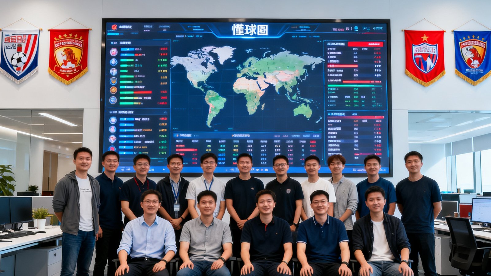 懂球圈团队在明亮现代的办公室内合影，背景是巨大的实时数据监控屏幕显示着全球赛事数据流，团队成员穿着休闲商务装，氛围专业而轻松，墙上挂着各联赛队旗。